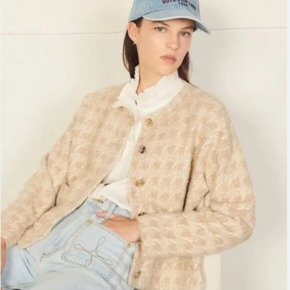 Sandro Sweaters - Sandro Maria Houndstooth Cardigan Gold Metallic Beige